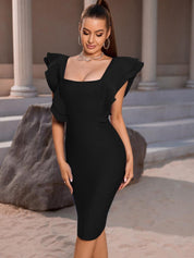 Kotty Black Square Neck Flutter Sleeves Bodycon Dress