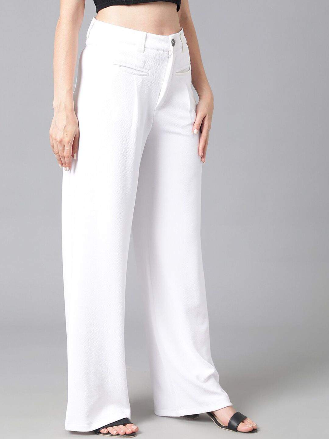 Kotty Women White Relaxed Straight Leg Straight Fit High-Rise Easy Wash Parallel Trousers