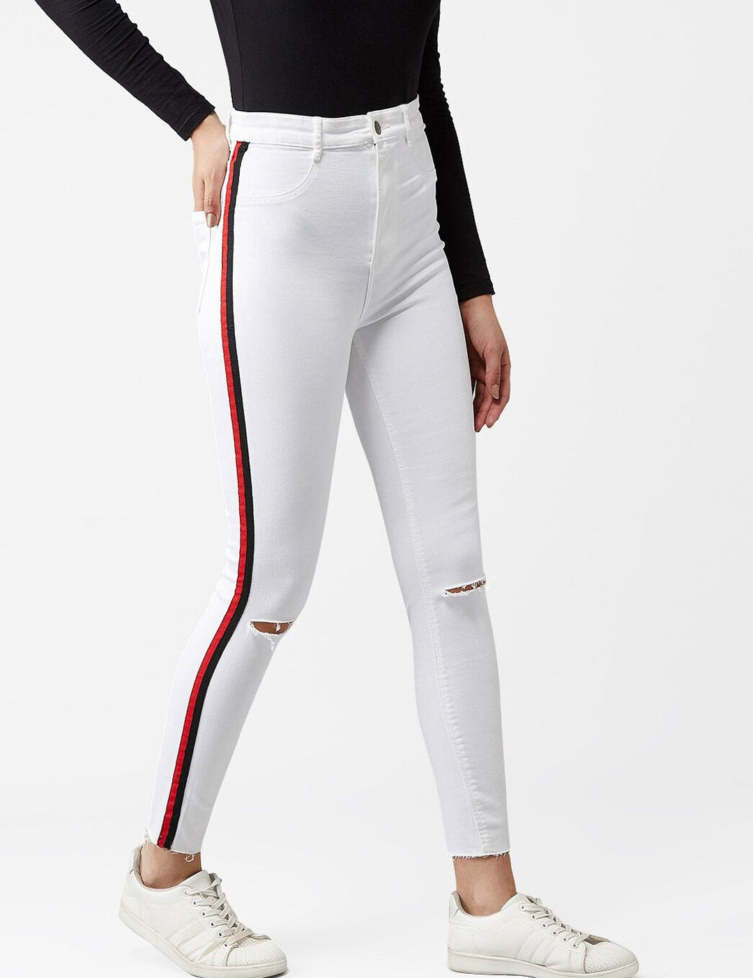 Kotty Women White Skinny Fit High-Rise Slash Knee Jeans With Side Stripes