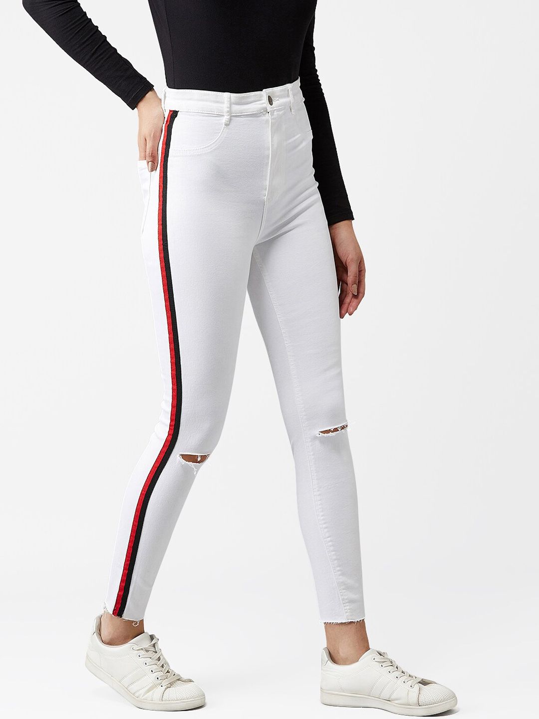 Kotty Women White Skinny Fit High-Rise Slash Knee Jeans With Side Stripes