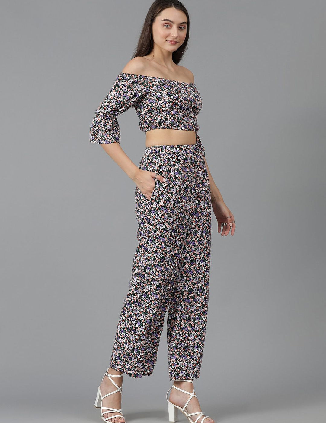 Kotty Floral Printed Off-Shoulder Crop Top & Trousers