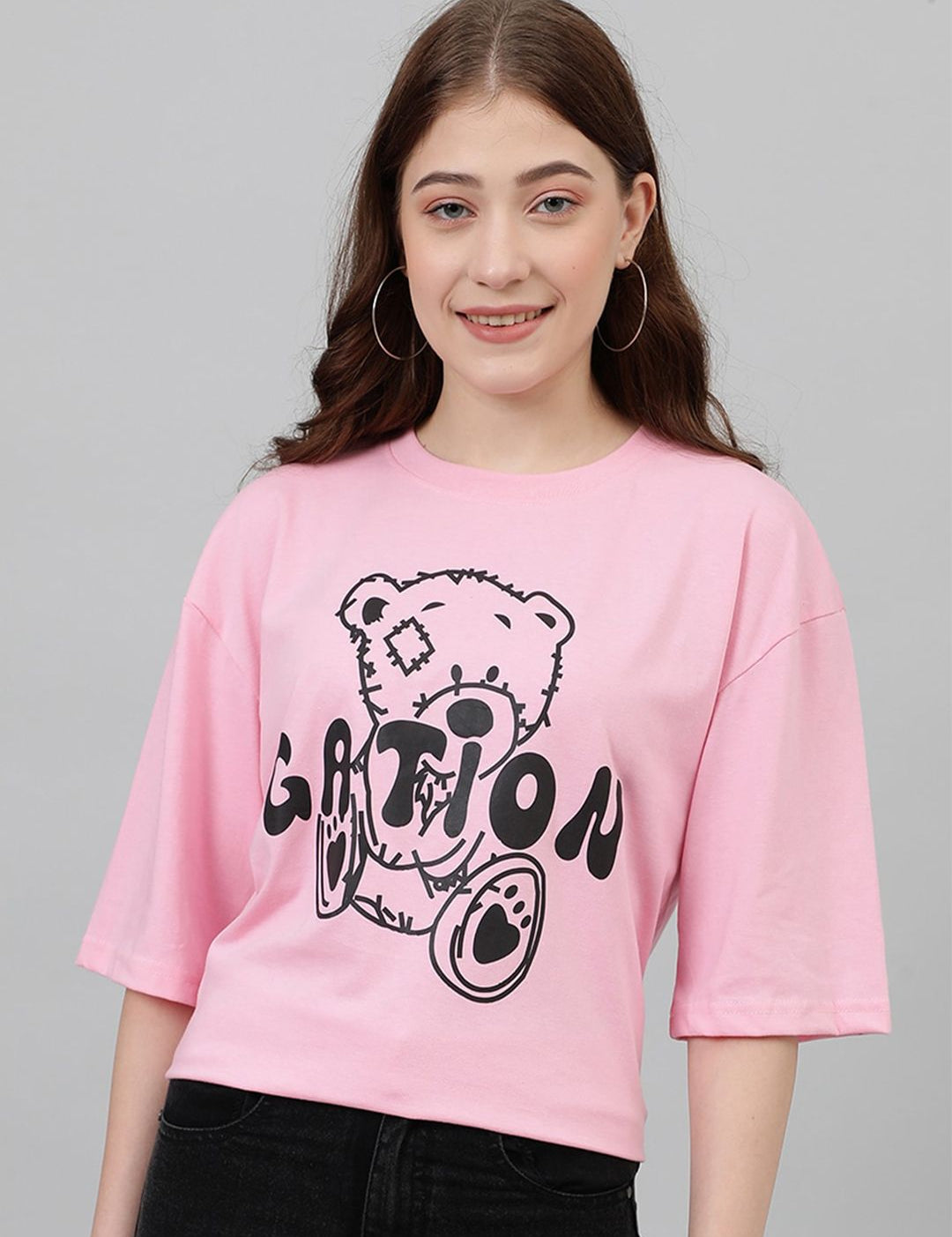 Kotty Graphic Printed Drop-Shoulder Sleeves Oversized Casual T-shirt