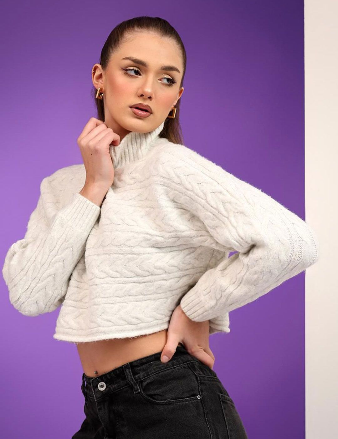 Kotty Women Cable Knit Self Design Cotton Crop Pullover