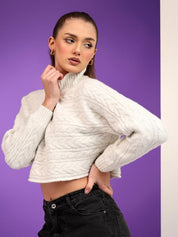 Kotty Women Cable Knit Self Design Cotton Crop Pullover