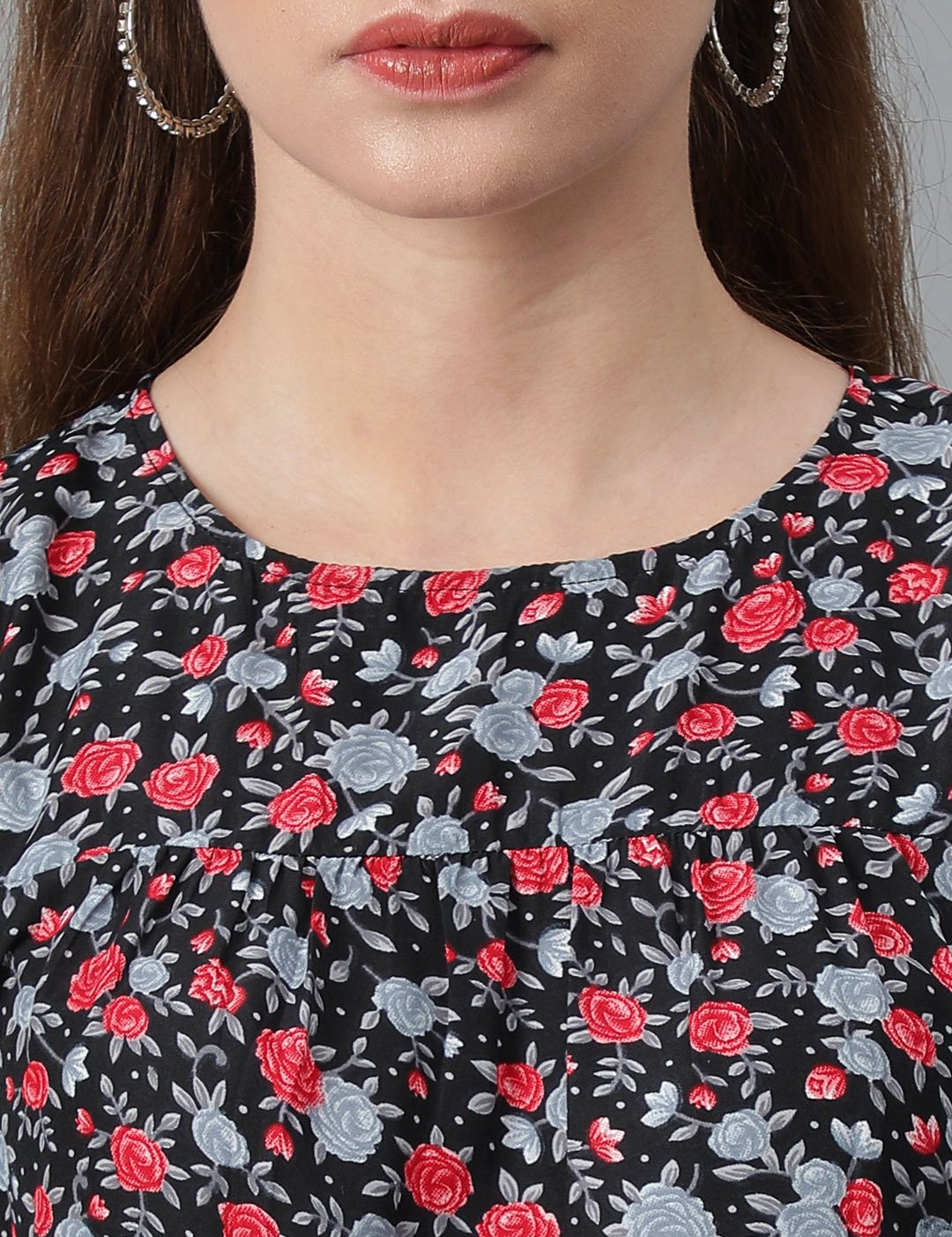 Kotty Floral Printed Bell Sleeve Gathered or Pleated Crepe A-Line Dress