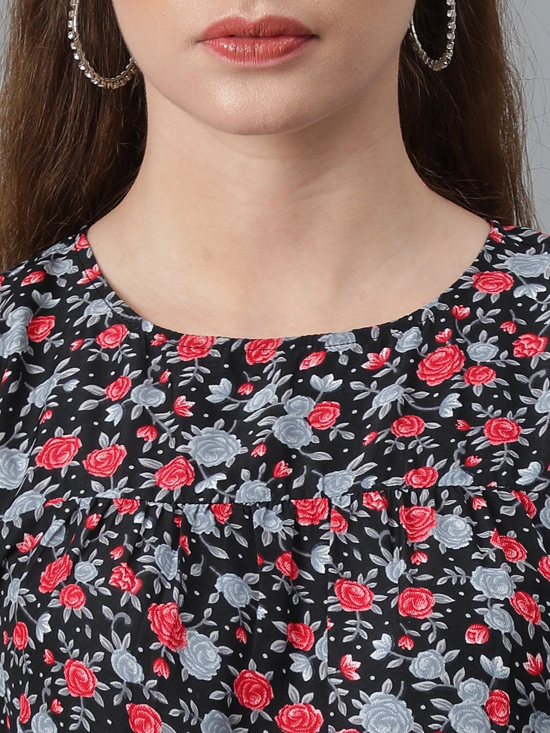 Kotty Floral Printed Bell Sleeve Gathered or Pleated Crepe A-Line Dress