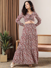 Kotty Maroon Floral Printed V-Neck Puff Sleeves Top With Skirt 