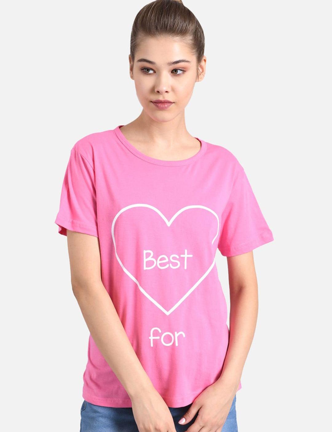 Kotty Women Pink & White Printed Round Neck T-shirt