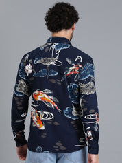 Kotty New Navy Blue Floral Printed Spread Collar Casual Shirt