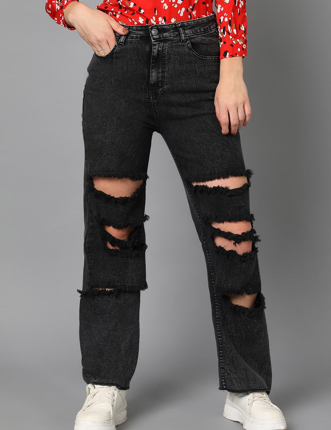 Kotty Women Black Jean Straight Fit High-Rise Highly Distressed Stretchable Jeans