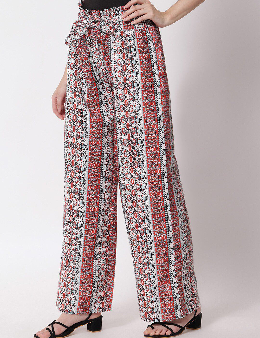 Kotty Women Red & White Printed Relaxed High-Rise Easy Wash Trousers