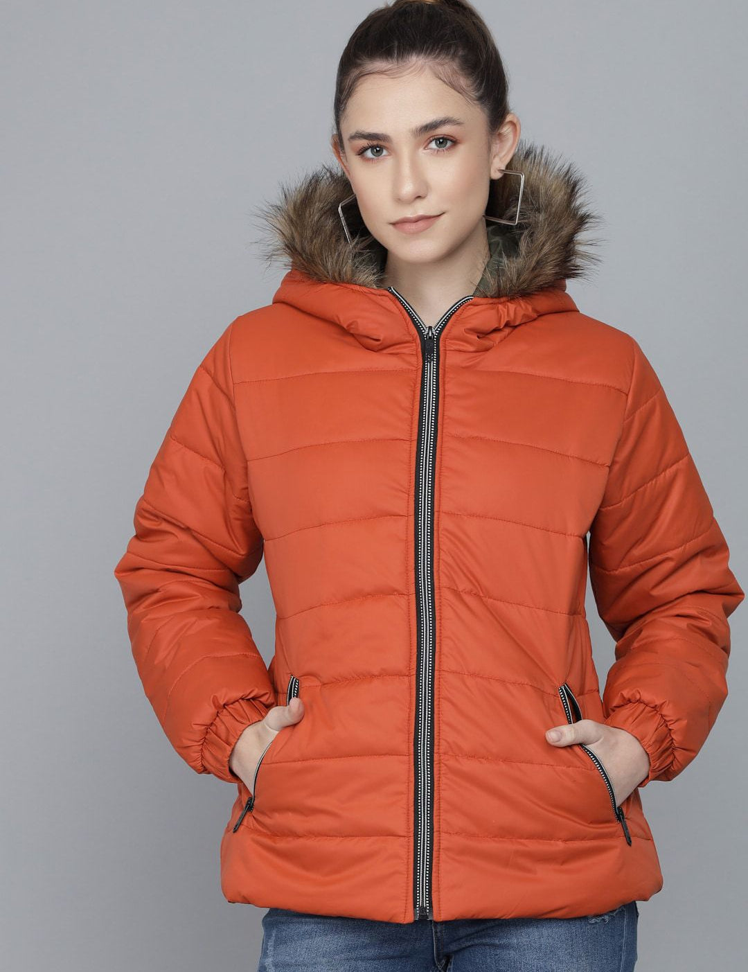 Kotty Women Orange Striped Lightweight Parka Jacket