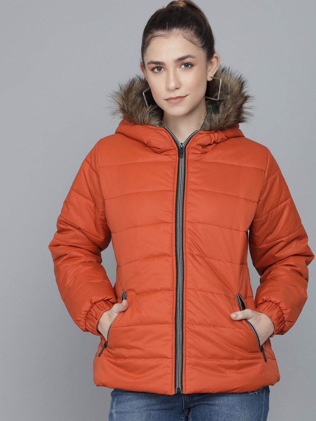 Kotty Women Orange Striped Lightweight Parka Jacket