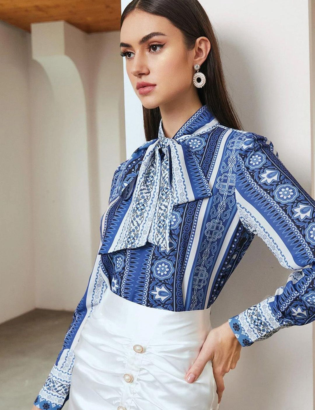 Kotty Floral Print Tie-Up Neck Crepe Shirt Style Top