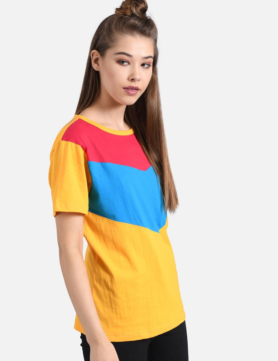 Kotty Women Yellow & Blue Colourblocked Round Neck T-shirt