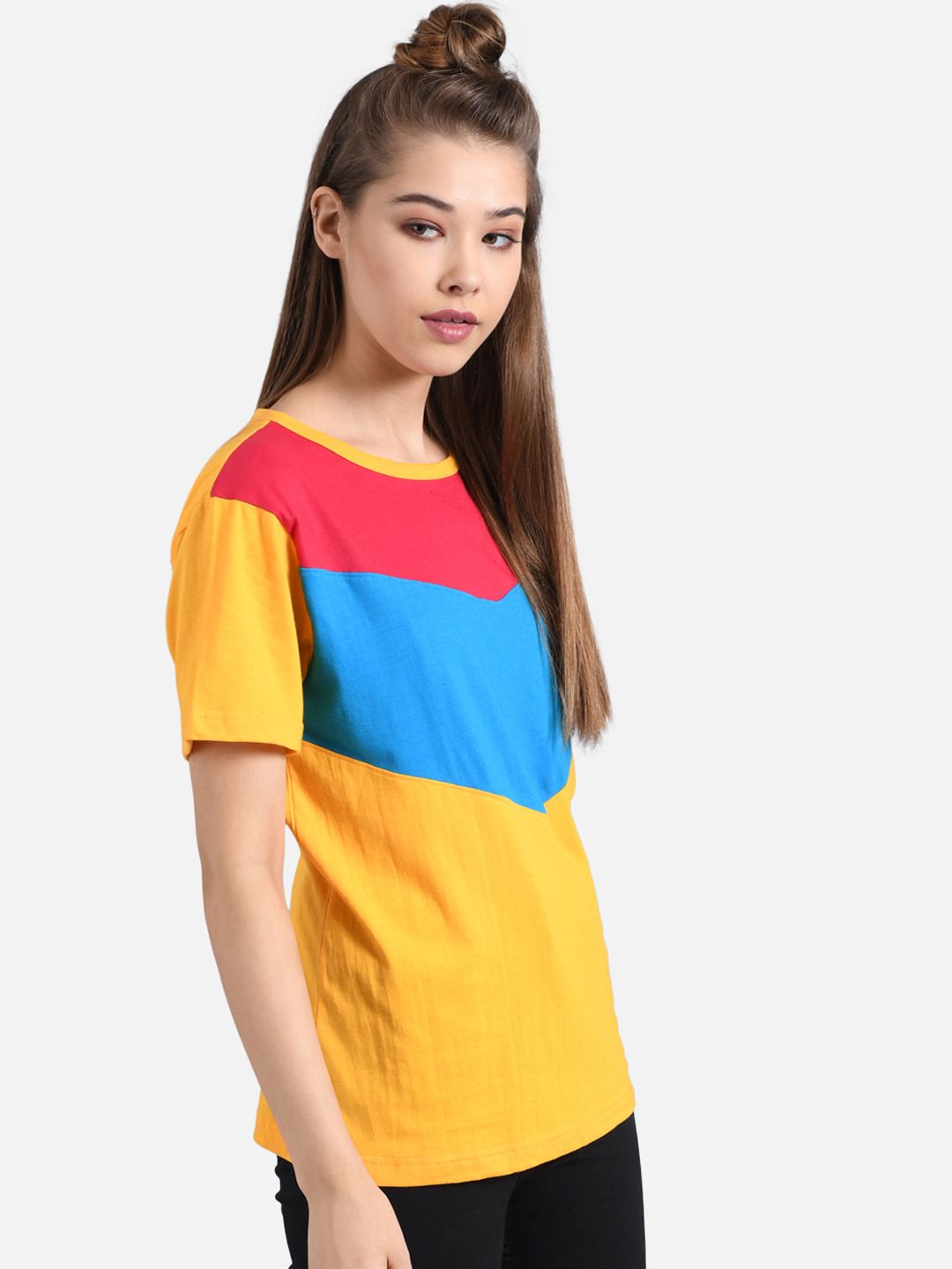 Kotty Women Yellow & Blue Colourblocked Round Neck T-shirt