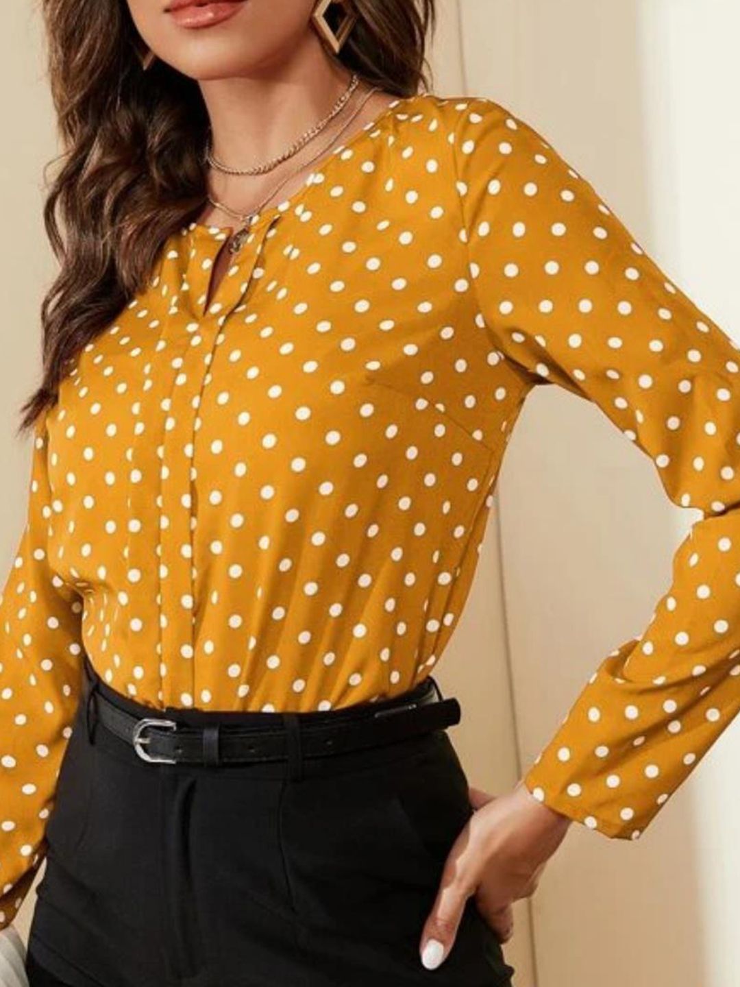Kotty Yellow Polka Dot Printed Shirt Style Top