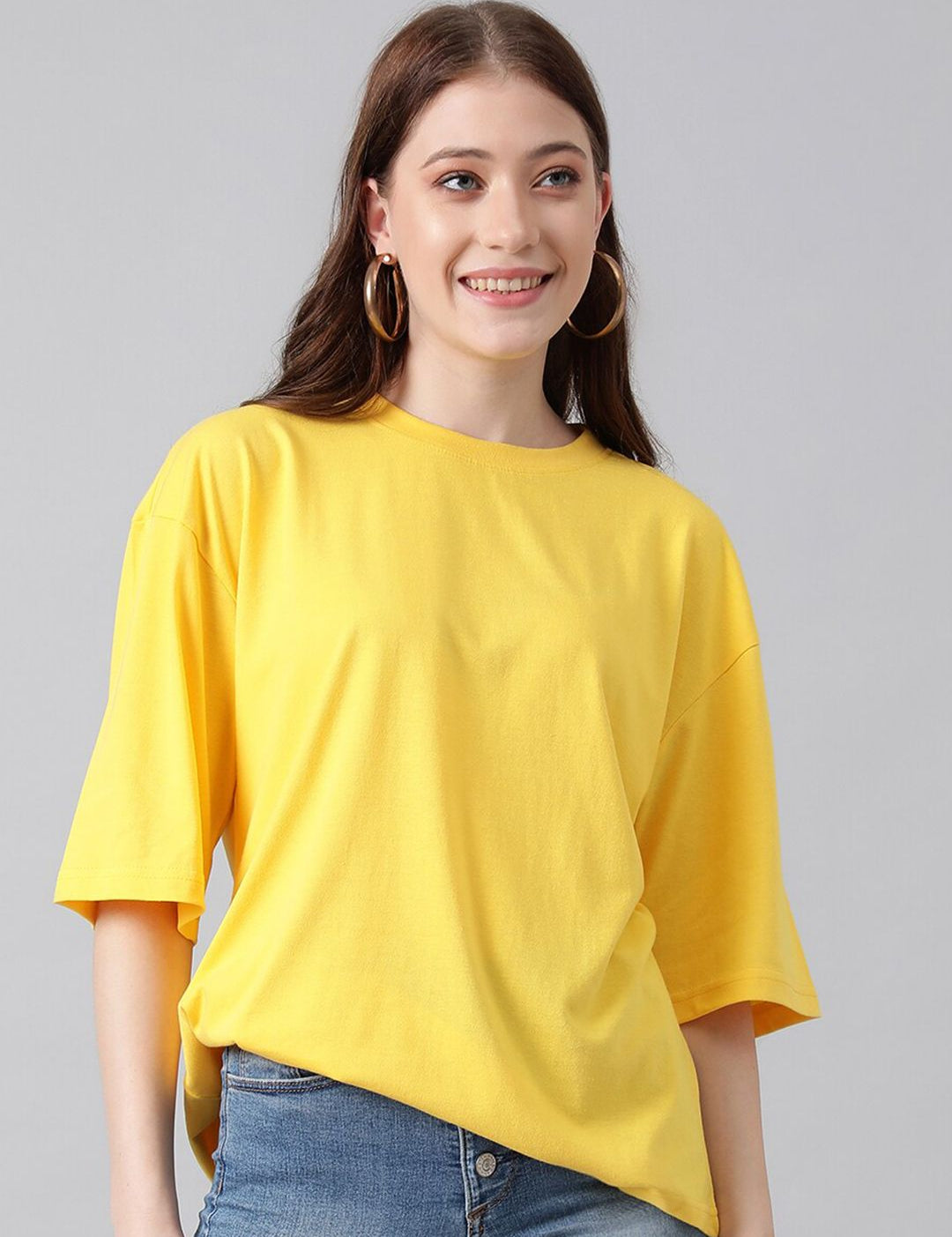 KOTTY Basics Yellow Round Neck Oversized T-shirt
