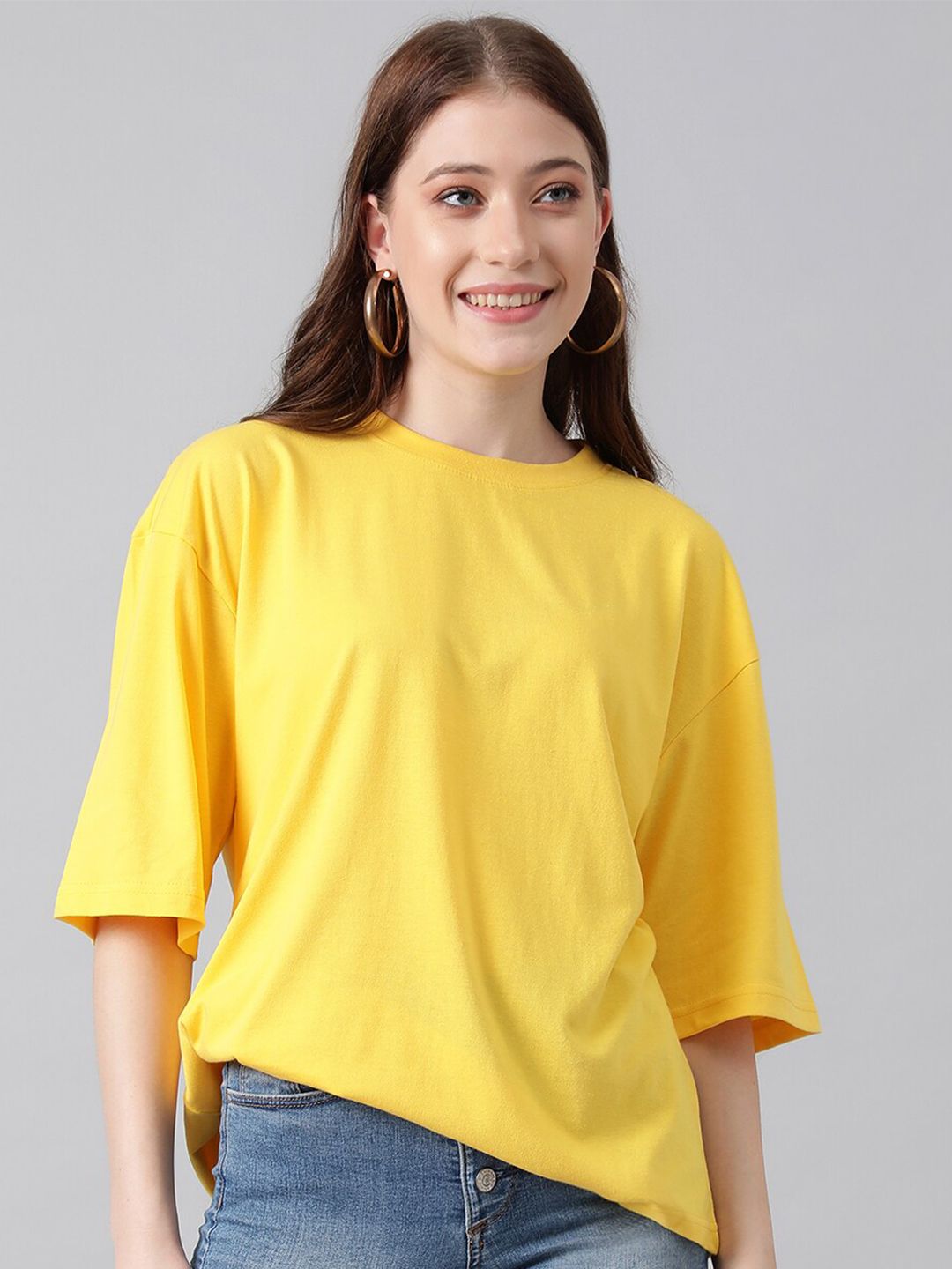 KOTTY Basics Yellow Round Neck Oversized T-shirt