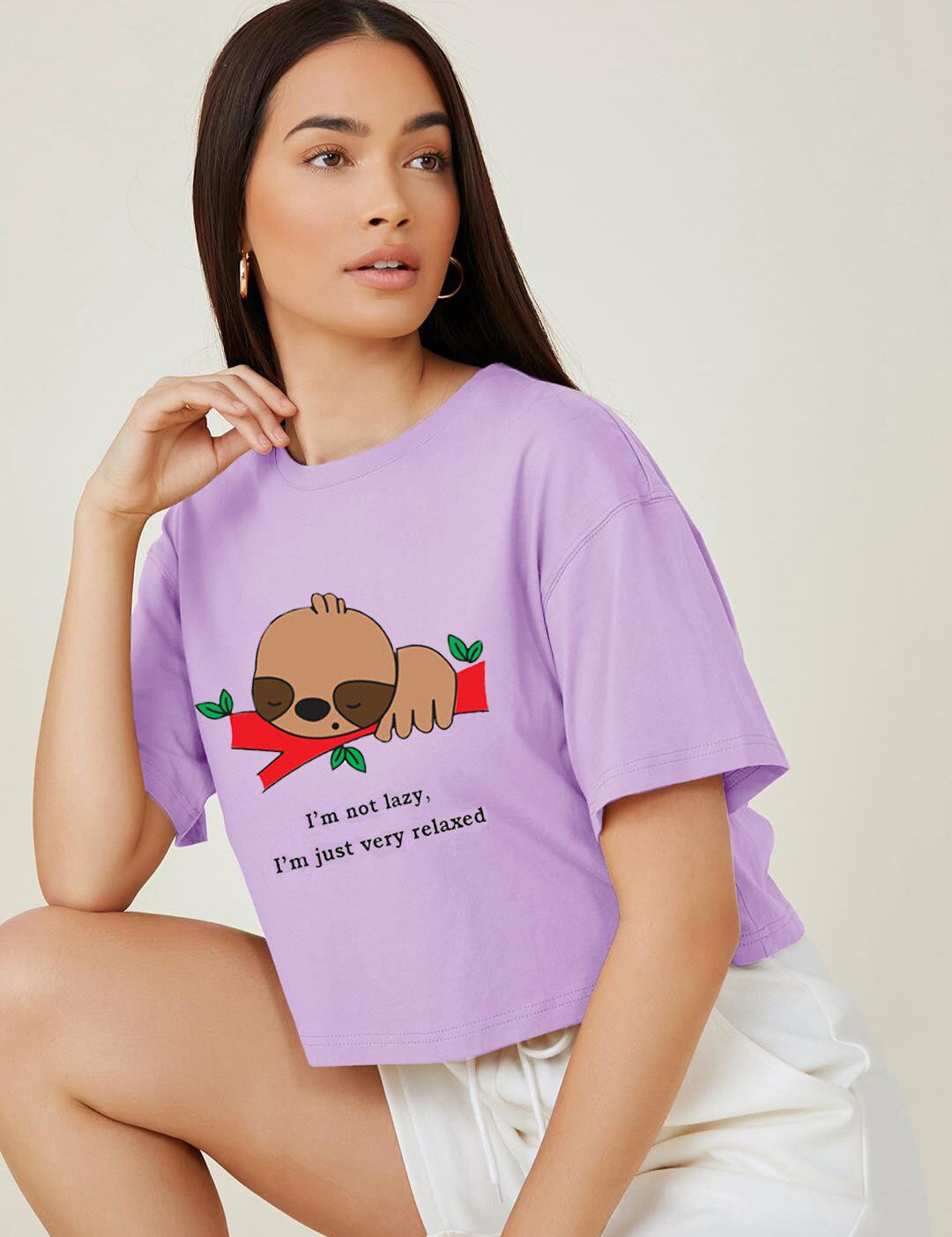 Kotty Printed Round Neck Crop Oversized T-shirt