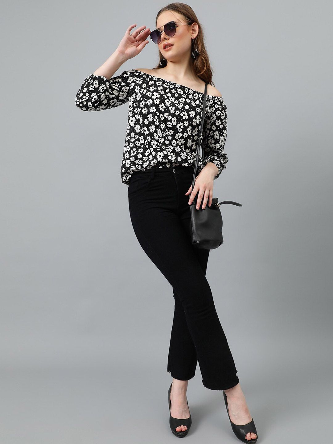 Kotty Black Floral Print Off-Shoulder Puff Sleeve Crepe Bardot Top