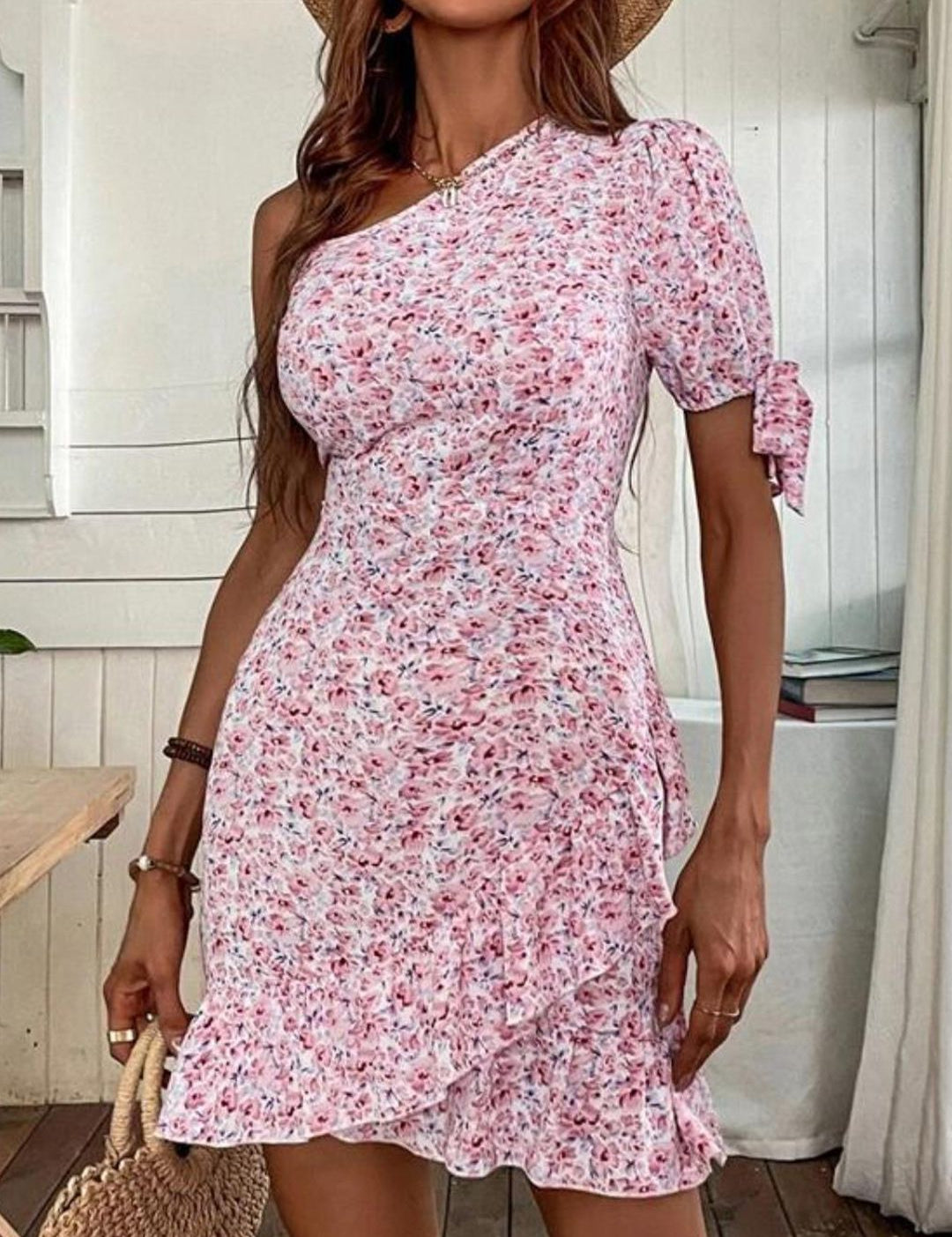 Kotty White & Pink Floral Printed One Shoulder Puffed Sleeve Ruffled Sheath Dress