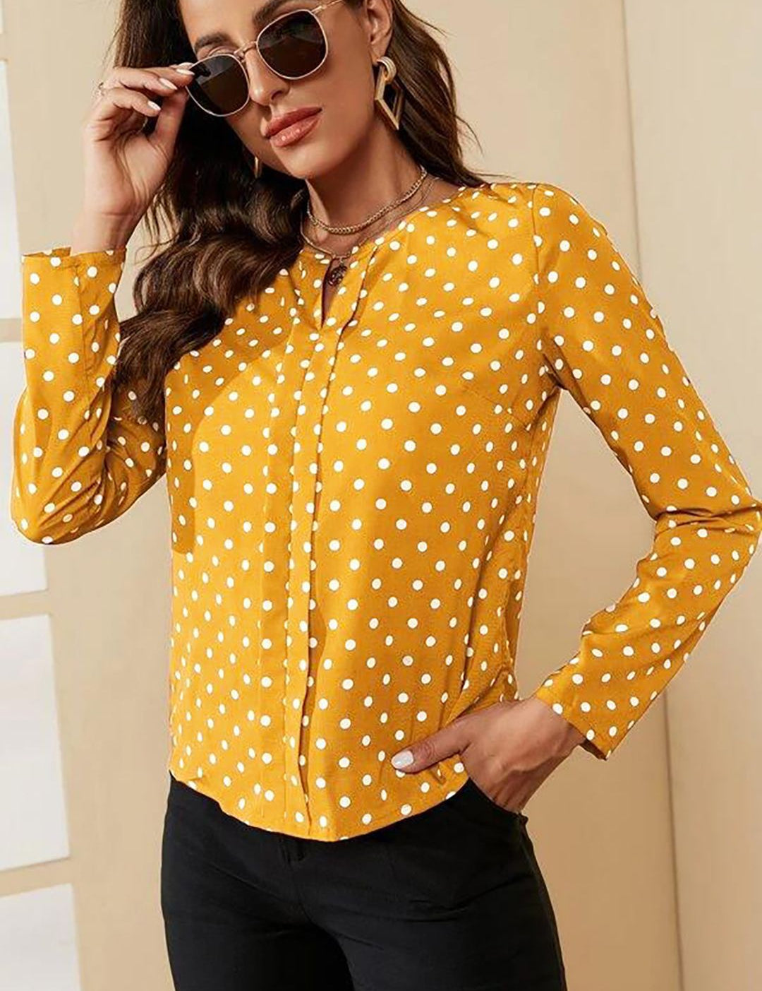 Kotty Round Neck Polka Dot Printed Top