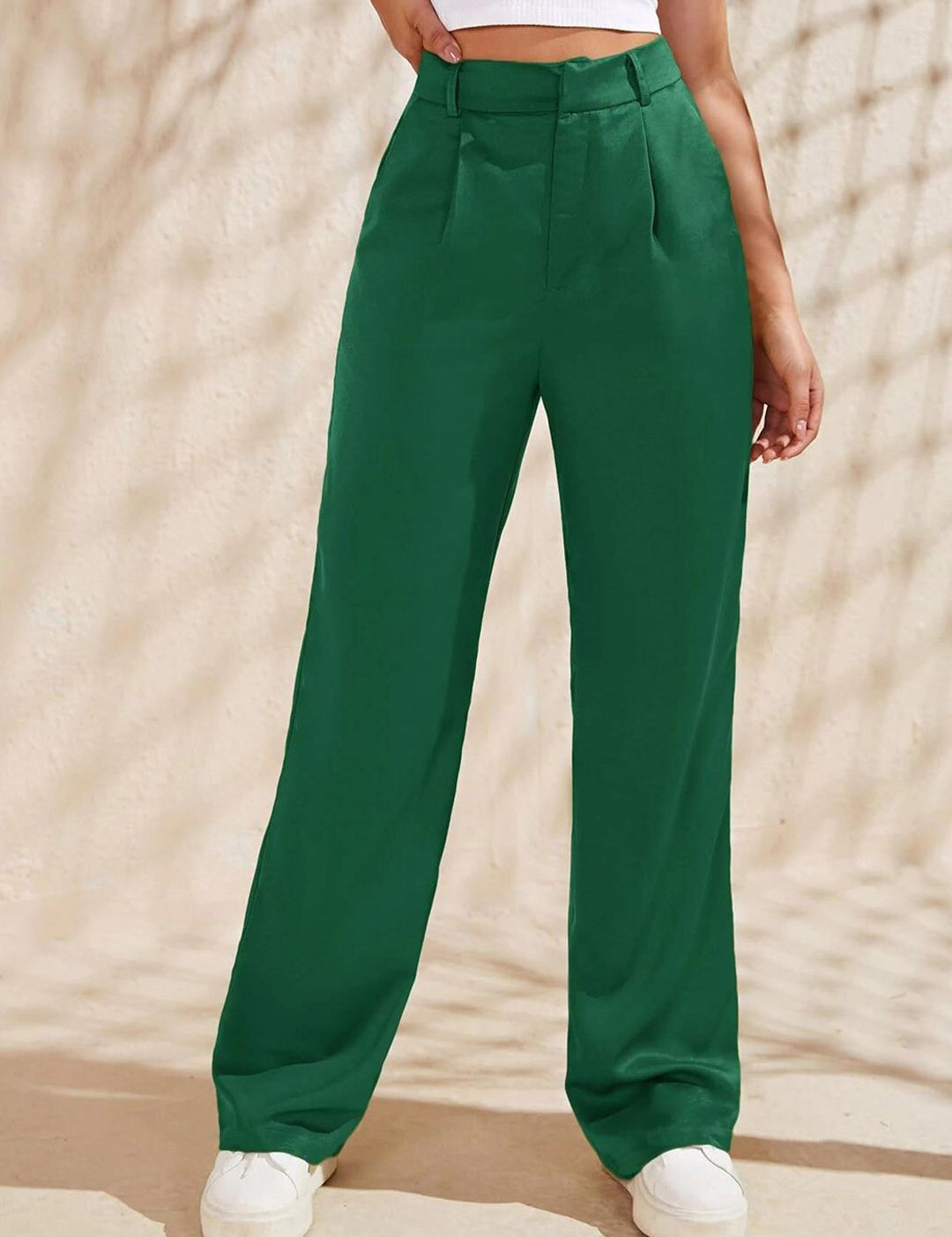 KOTTY BIZwear Women Green Relaxed Straight Fit High-Rise Easy Wash Pleated Trousers
