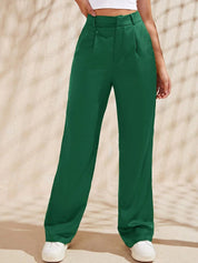 KOTTY BIZwear Women Green Relaxed Straight Fit High-Rise Easy Wash Pleated Trousers
