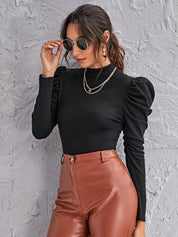 Kotty Black High Neck Puff Sleeves Satin Top