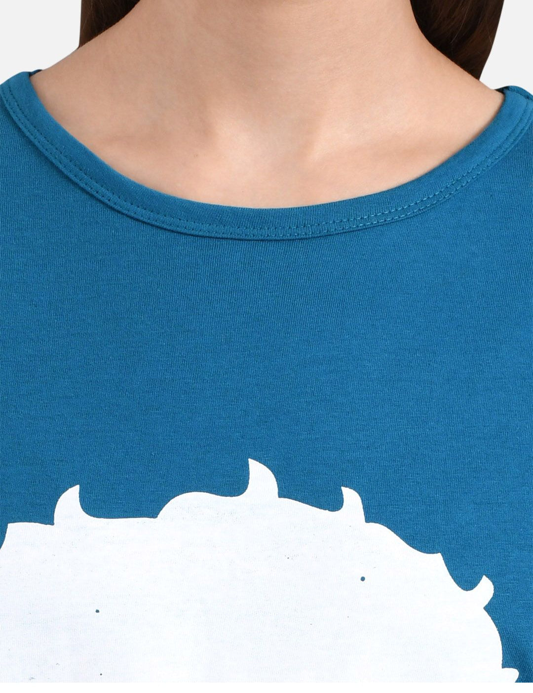 Kotty Women Teal Blue Printed Round Neck T-shirt