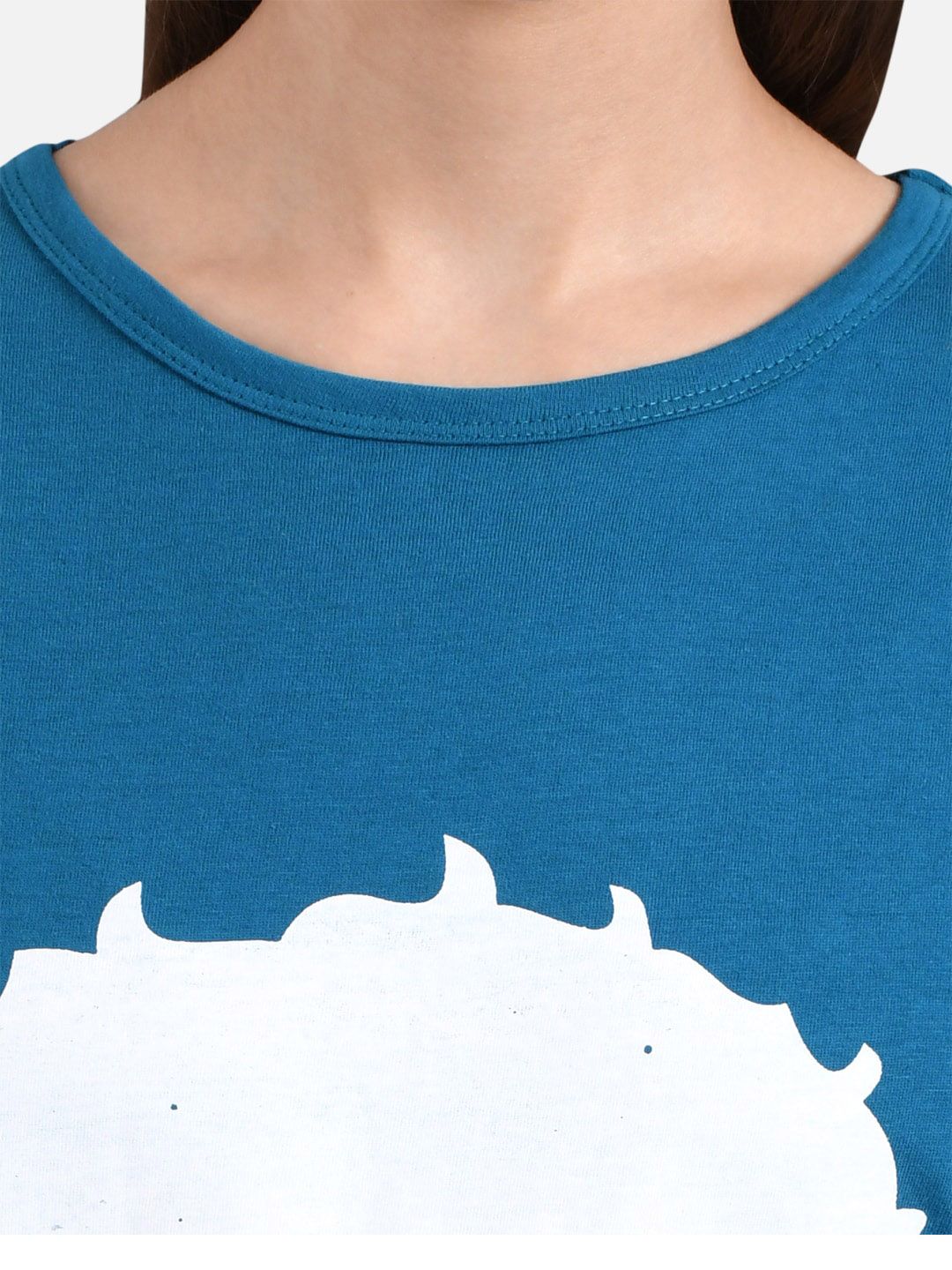Kotty Women Teal Blue Printed Round Neck T-shirt