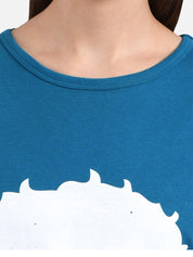 Kotty Women Teal Blue Printed Round Neck T-shirt