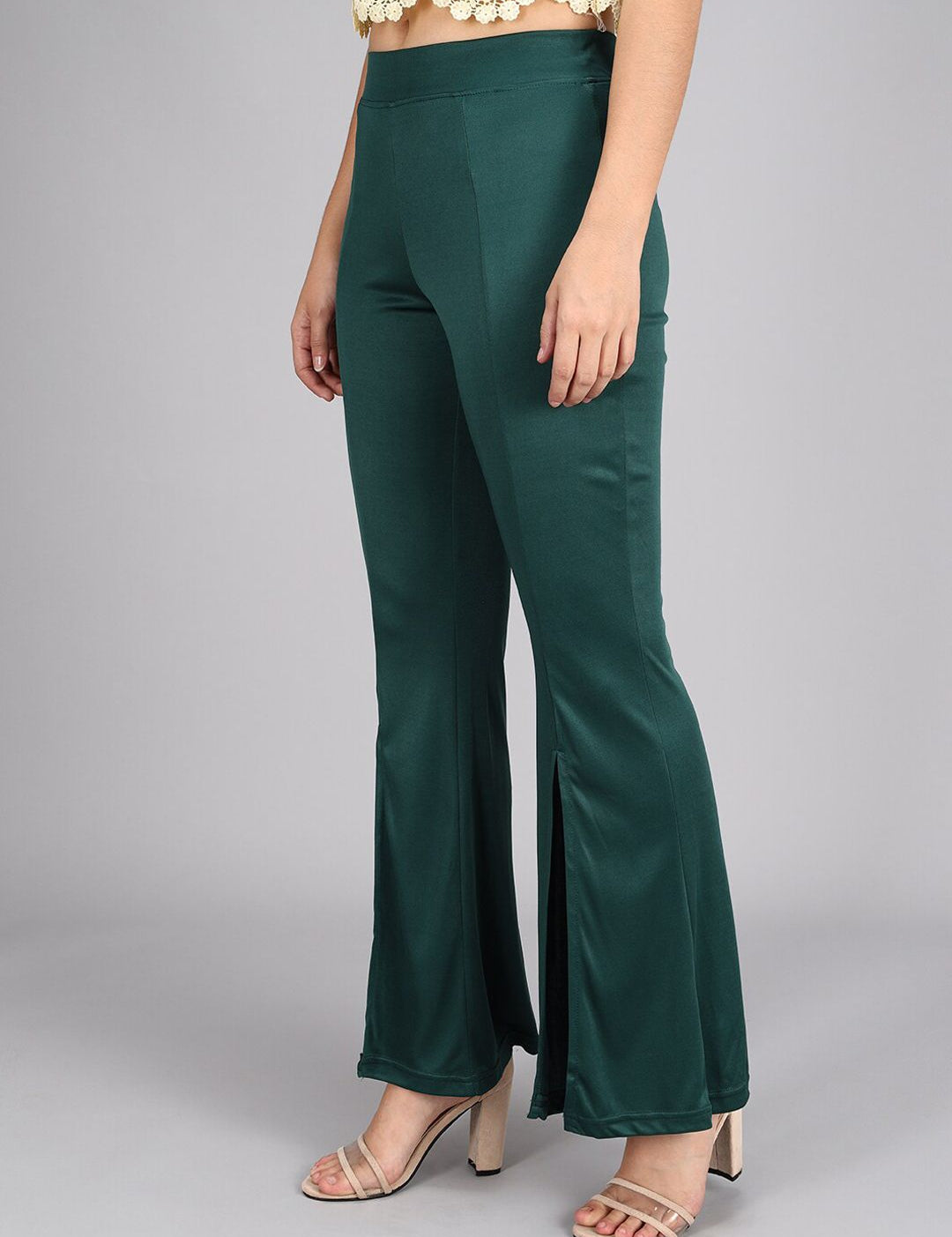 Kotty Women Olive Green Flared High-Rise Bootcut Trousers