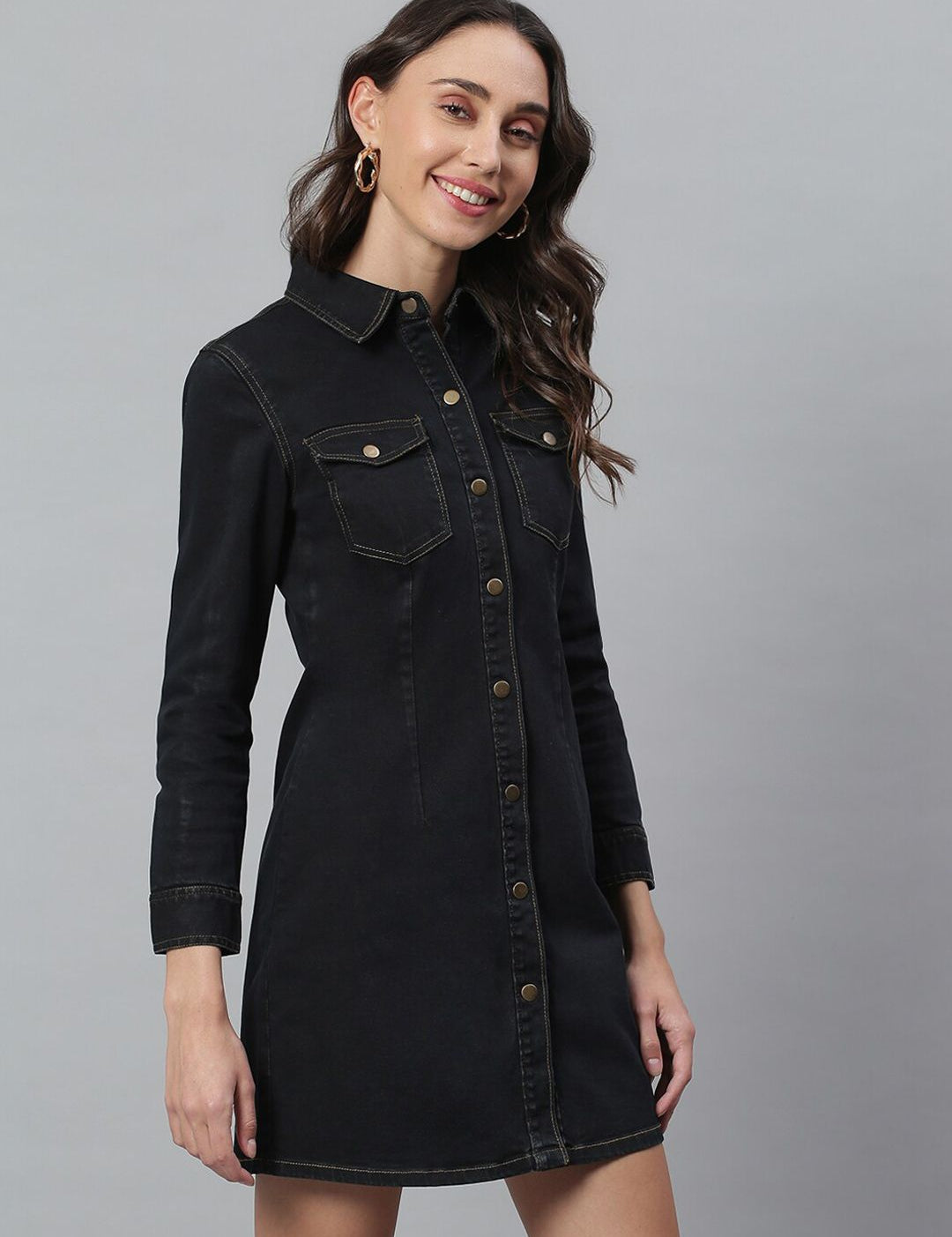 Kotty Women Black Solid Cotton Denim Shirt Dress
