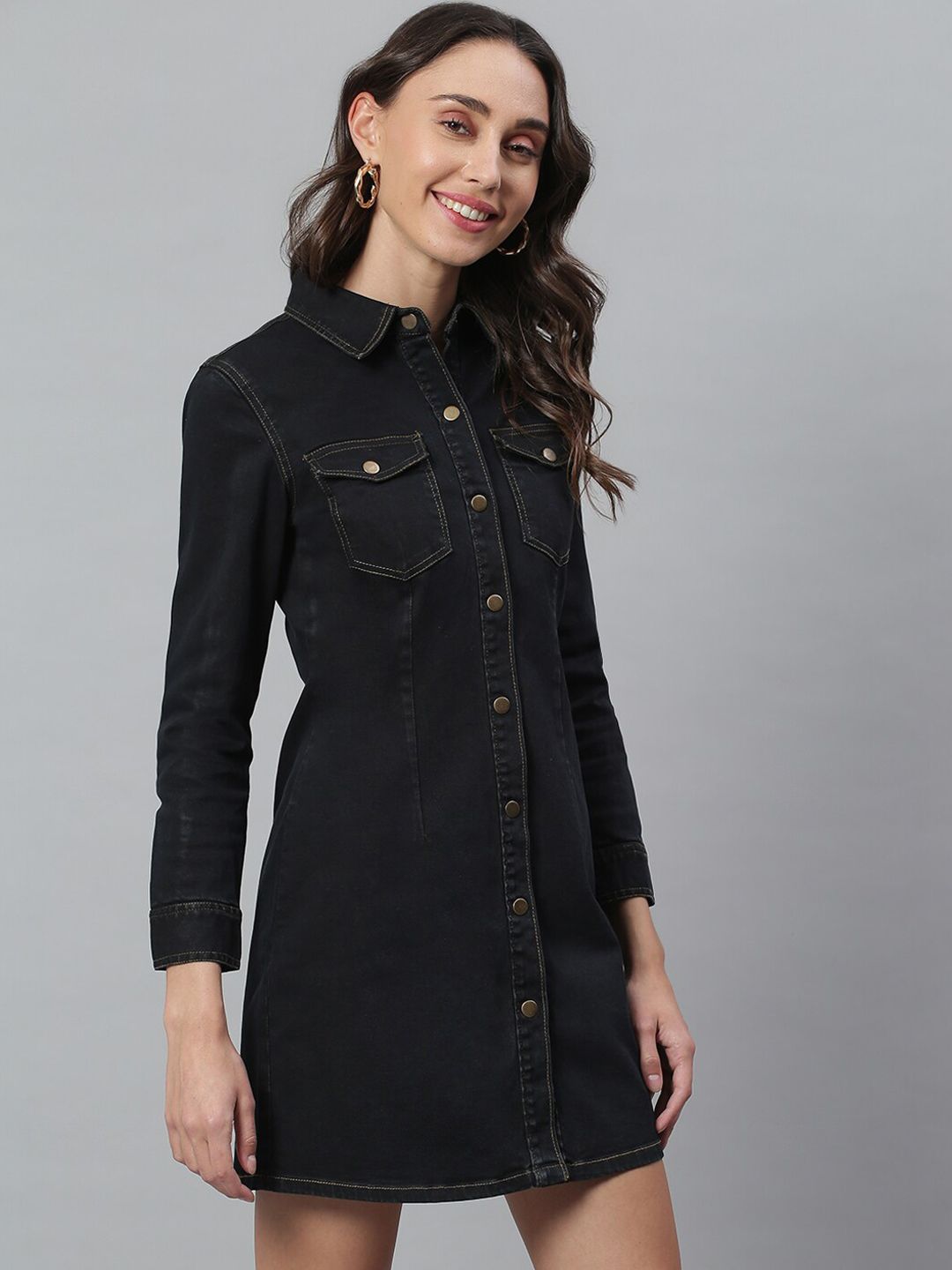 Kotty Women Black Solid Cotton Denim Shirt Dress
