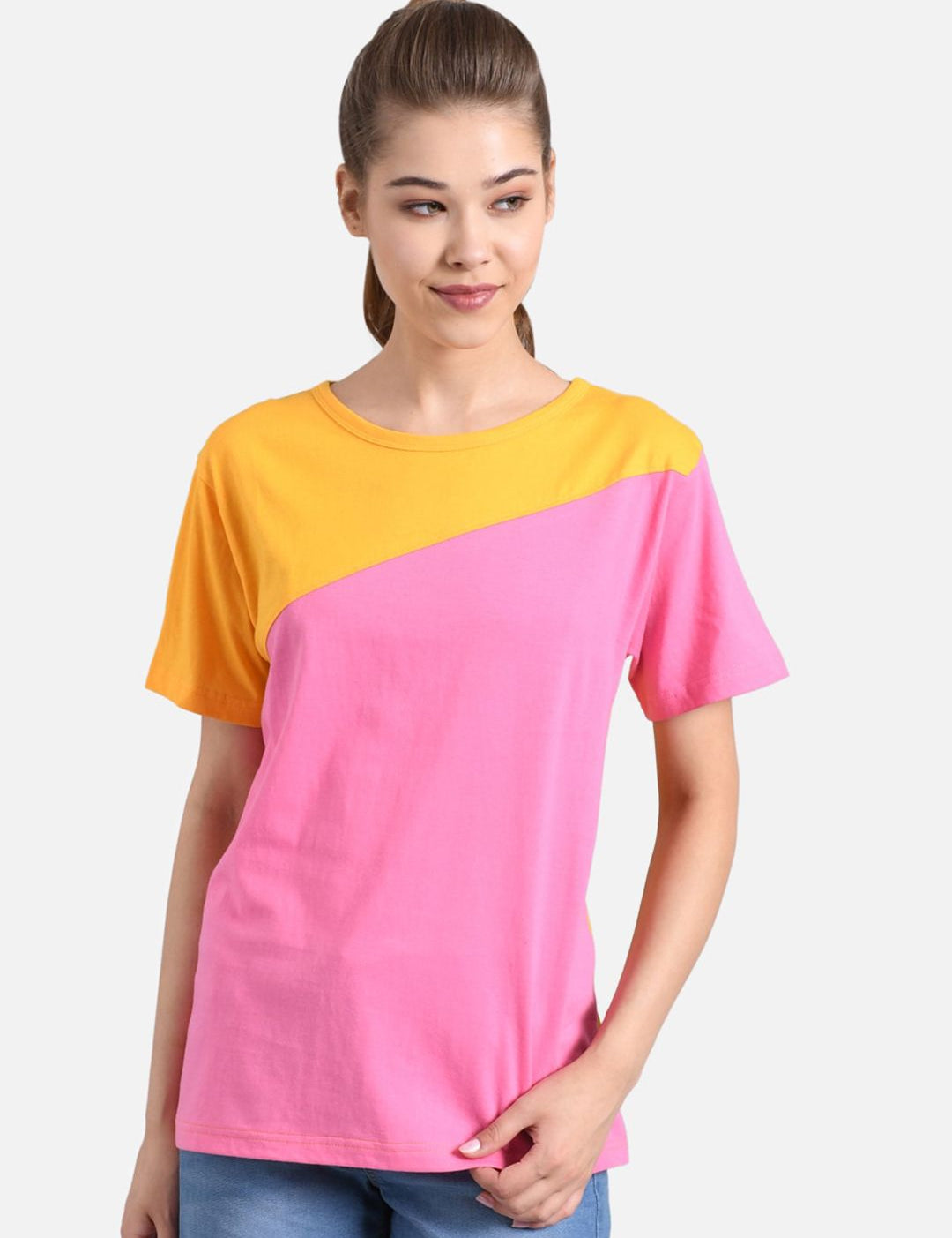 Kotty Women Pink & Mustard Yellow Colourblocked Round Neck T-shirt