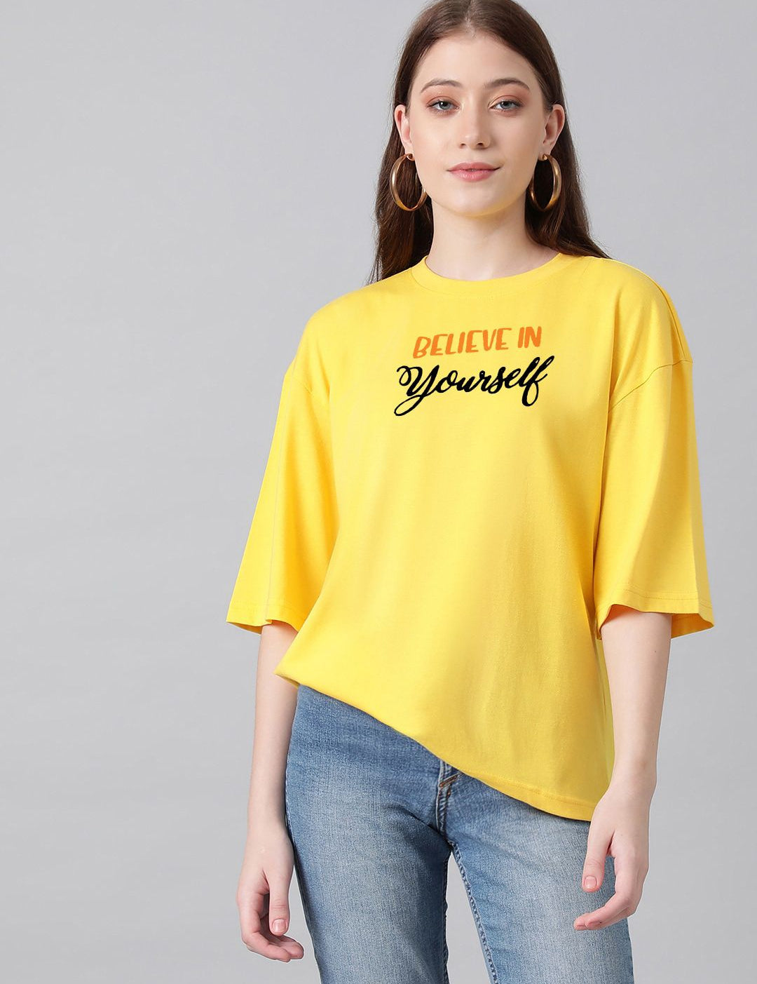 Kotty Yellow Graphic Printed Drop-Shoulder Sleeves Oversized Cotton  T-Shirt