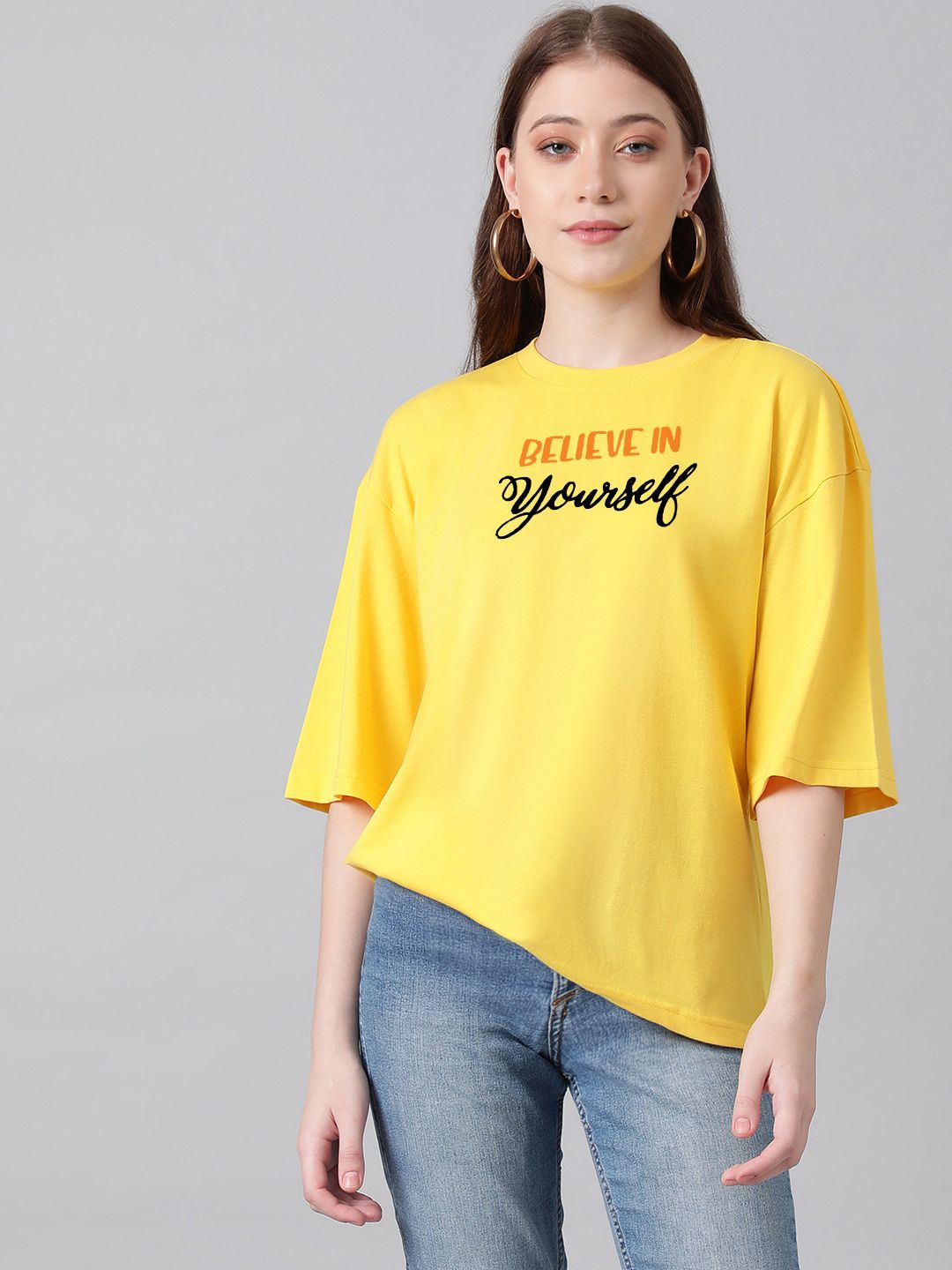 Kotty Yellow Graphic Printed Drop-Shoulder Sleeves Oversized Cotton  T-Shirt