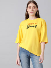 Kotty Yellow Graphic Printed Drop-Shoulder Sleeves Oversized Cotton  T-Shirt