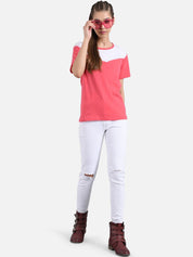 Kotty Women Pink & White Colourblocked Round Neck T-shirt