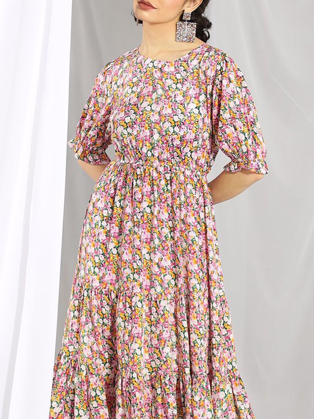 Kotty Pink Floral Printed Flared Sleeves Fit & Flare Midi Dress