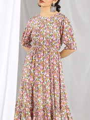 Kotty Pink Floral Printed Flared Sleeves Fit & Flare Midi Dress
