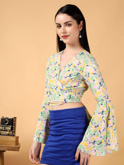 Kotty Floral Print Bell Sleeve Crepe Wrap Crop Top