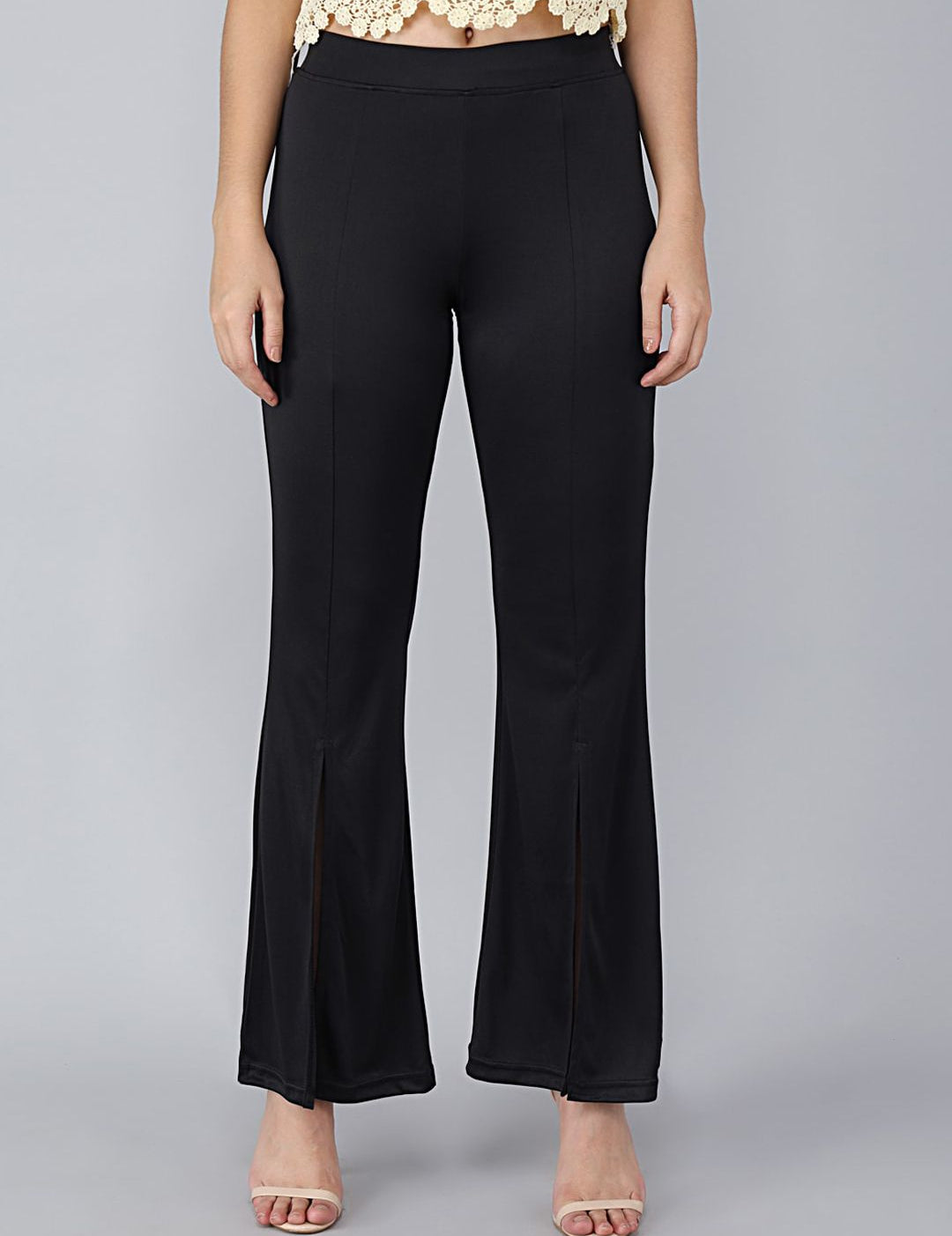 Kotty Women Black Solid Flared High-Rise Bootcut Trousers