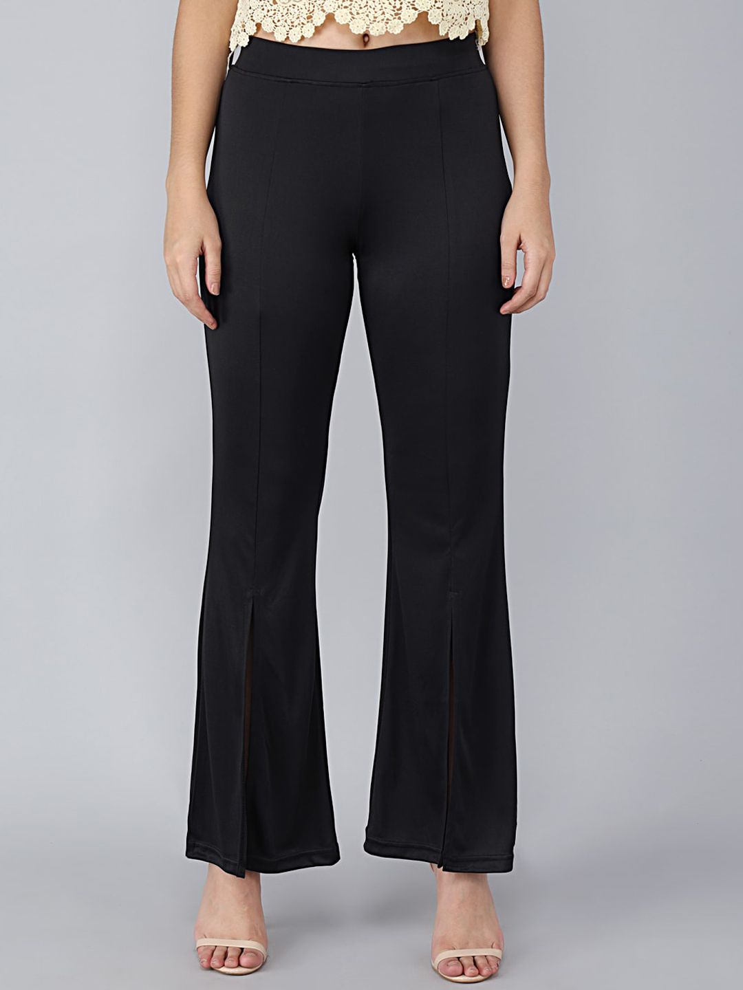 Kotty Women Black Solid Flared High-Rise Bootcut Trousers
