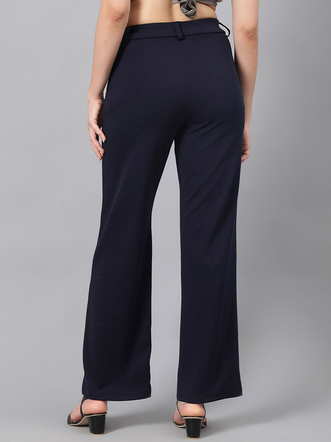 KOTTY BIZwear Women Navy Blue Relaxed Straight Leg Fit High-Rise Easy Wash Parallel Trousers