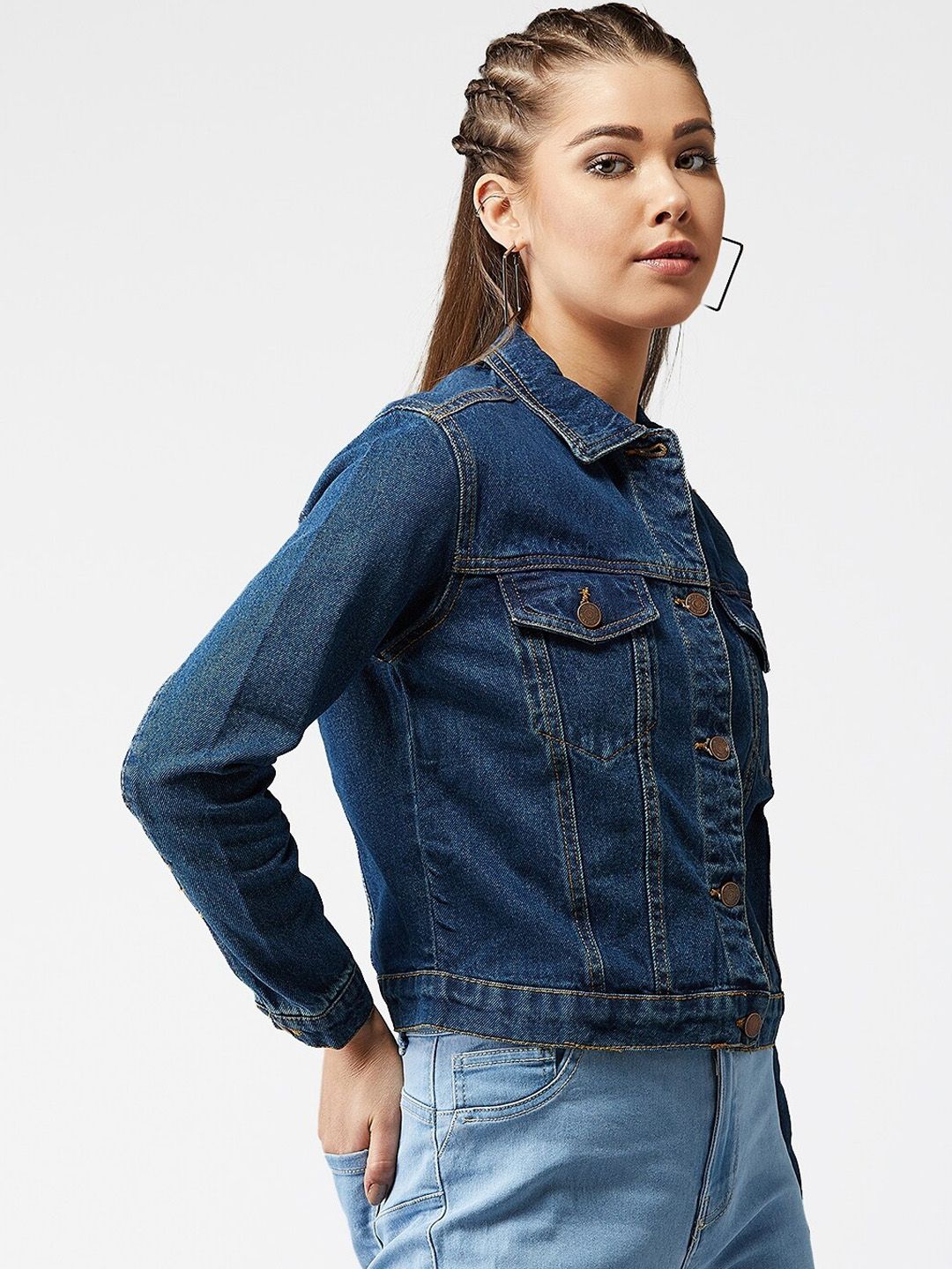 Kotty Women Navy Blue Solid Denim Jacket