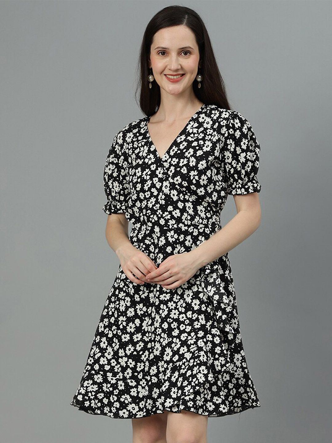 Kotty Black Floral Print A-Line Dress