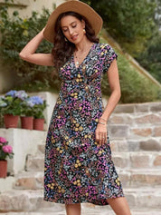 Kotty Black & Pink Floral Printed Extended Sleeves Empire Midi Dress